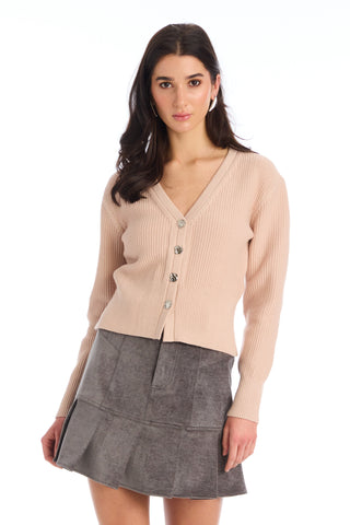 Allison New York Fallon Cardigan. Tan long-sleeve cardigan with silver buttons. 