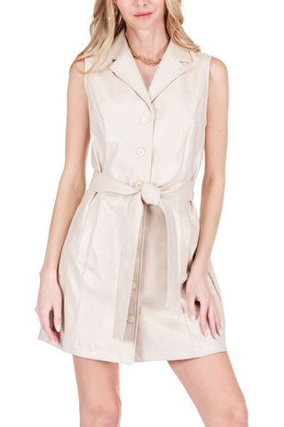 Joy Joy Vegan Leather Sleeveless Dress in Sand with Waist Tie