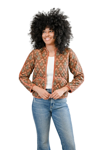 Victoria Dunn Scarlett Jacket in Maple Posy. Brown Quilted Jacket with floral print 