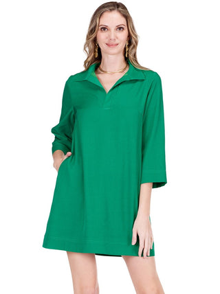 Jade placket bell sleeve dress in emerald green featuring polo collar, half-placket opening and dramatic three-quarter bell sleeves with shift silhouette