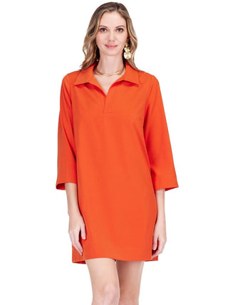 Jade placket bell sleeve dress in spice orange featuring polo collar, half-placket opening and dramatic three-quarter bell sleeves with shift silhouette