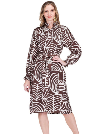 Jade gathers neck midi dress in brown ferns botanical print featuring tie neck detail, long sleeves with ruffle cuffs and flowing midi silhouette