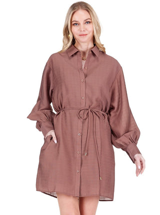 Joy Joy shirtdress in coffee brown featuring classic collar, button-front closure, balloon sleeves and adjustable tie waist with relaxed fit