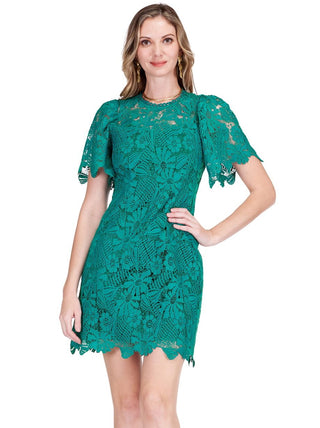 Jade short sleeve lace dress in emerald green featuring intricate geometric lace overlay, crew neckline and scalloped hem detailing for special occasions