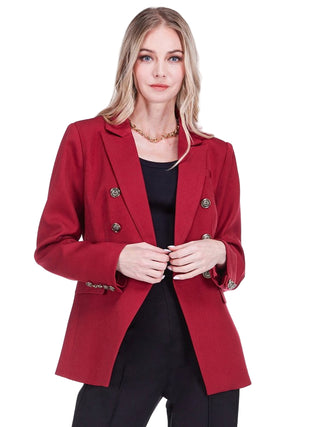 Jade Winnie Blazer 27" - Wine. 
Wine burgundy double-breasted blazer with silver buttons, notched collar, and structured fit 