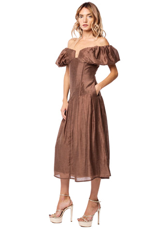 Lottie Oversized Puff Sleeve Off-shoulder Midi Dress, Brown