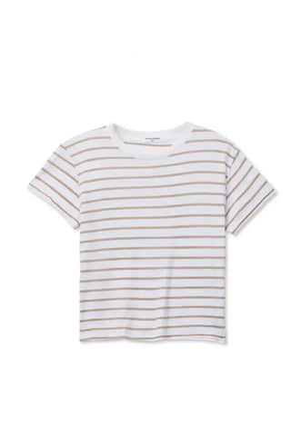 Striped t-shirt with brown and white stripes on a white background