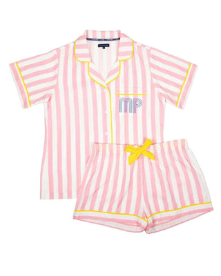 Pink and white striped pajama set with yellow accents on a white background