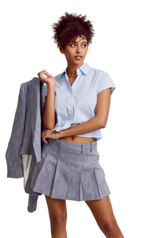 The Boxy Short Sleeve Cropped Shirt - Sky Blue Check Tops The Shirt by Rochelle Behrens Monkee's of The Woodlands